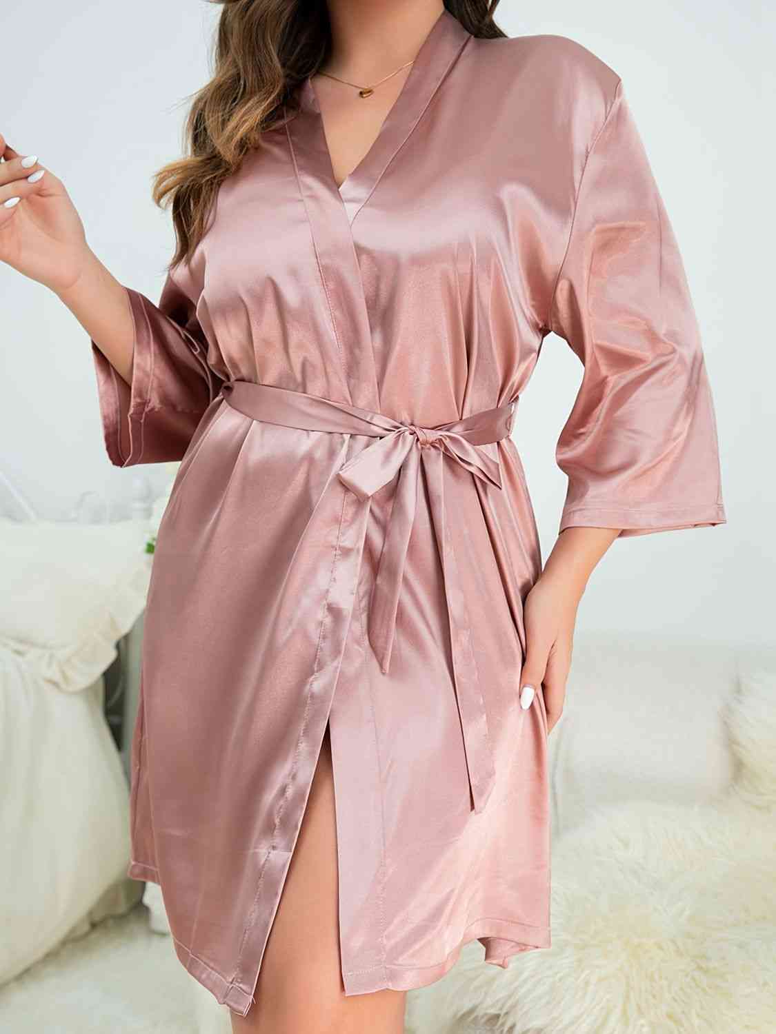 Plus Size Surplice Neck Tie Waist Robe - myETYN