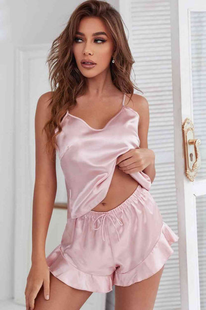 Satin Cami, Ruffle Hem Shorts Pajama Set - myETYN