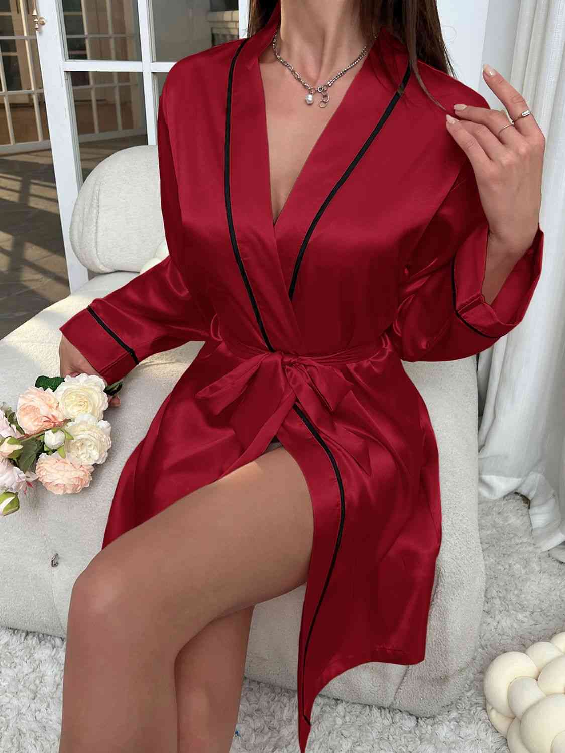 Tie Waist Surplice Neck Robe - myETYN