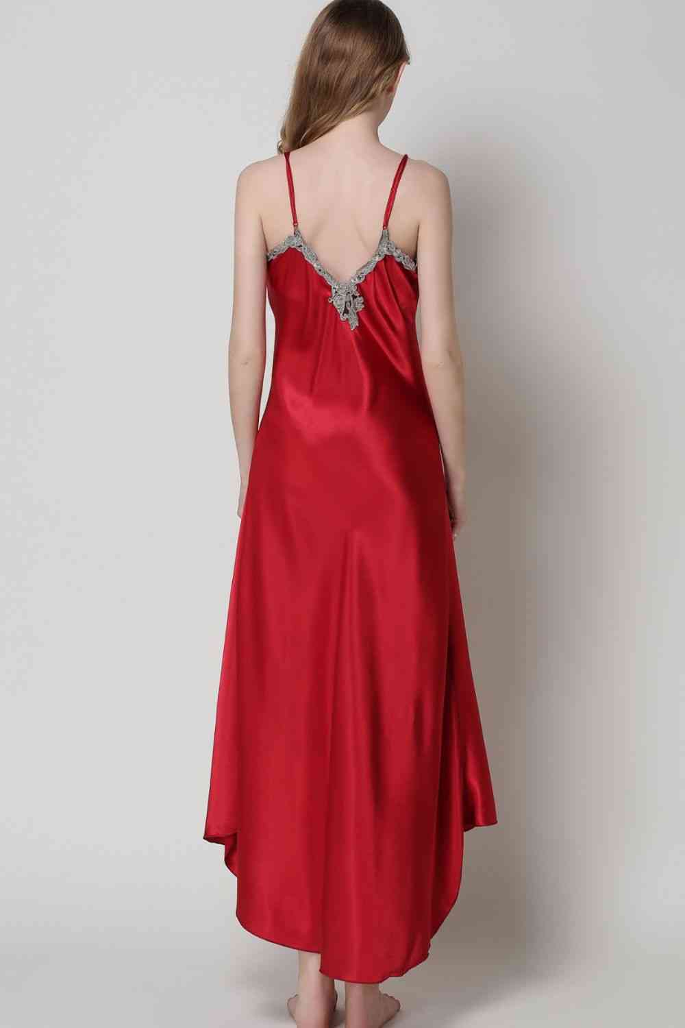 Full Size Lace Trim V-Neck Spaghetti Strap Satin Night Dress - myETYN