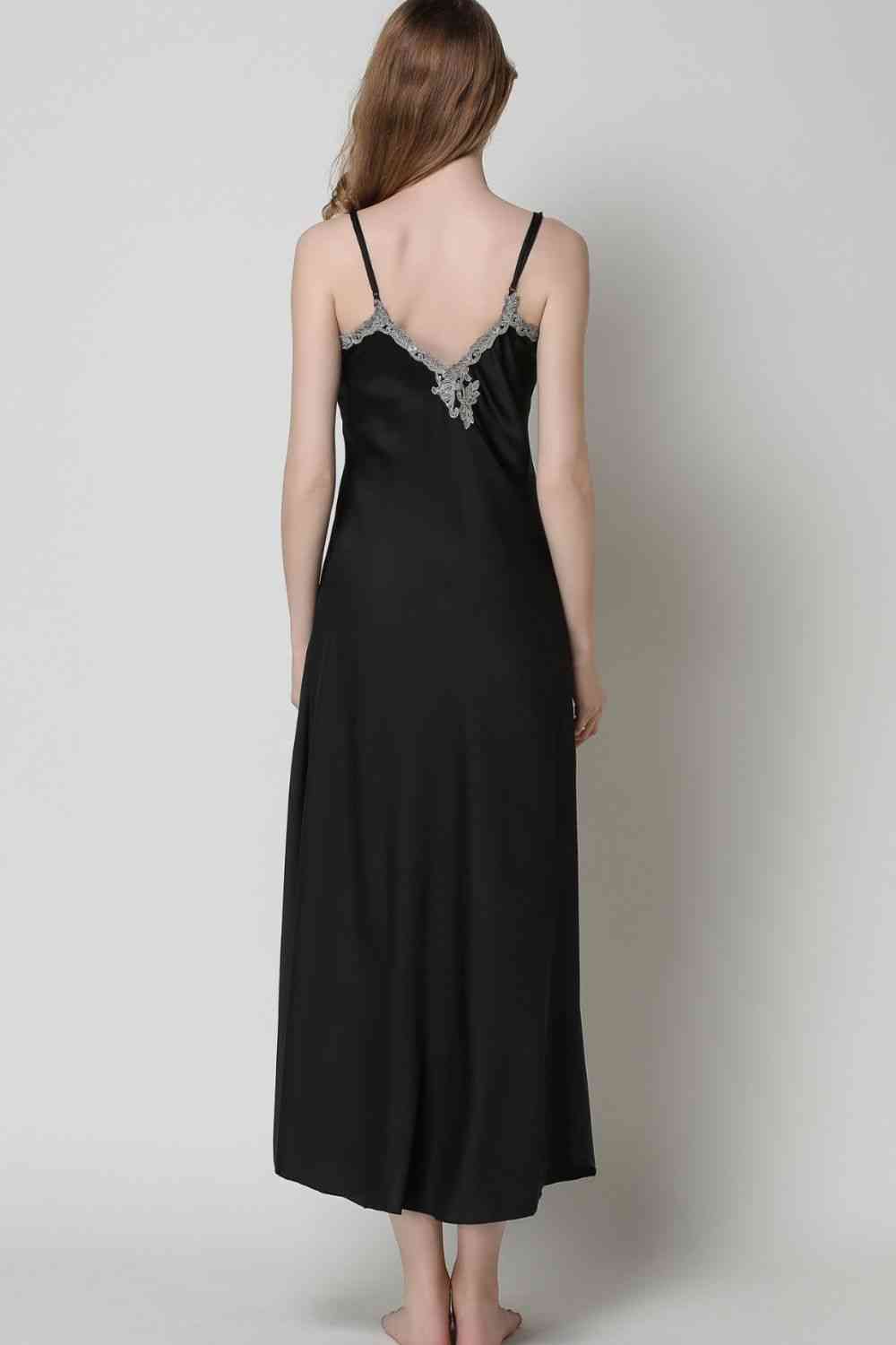 Full Size Lace Trim V-Neck Spaghetti Strap Satin Night Dress - myETYN