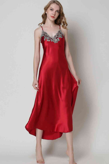 Full Size Lace Trim V-Neck Spaghetti Strap Satin Night Dress - myETYN