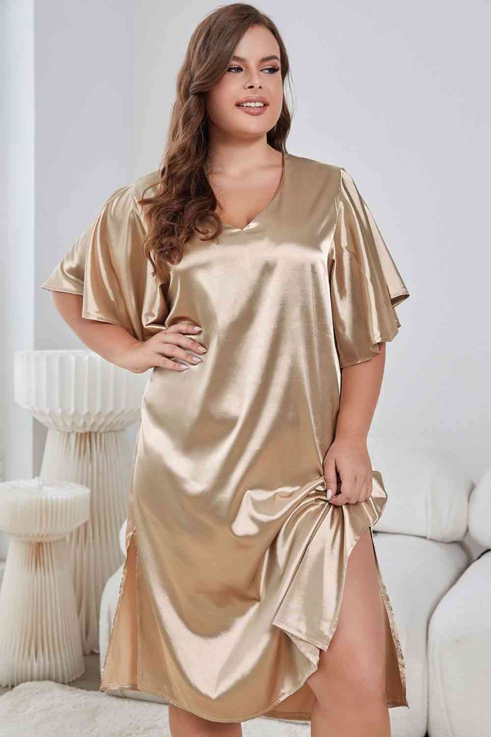 Plus Size Flutter Sleeve V-Neck Side Slit Night Gown - myETYN