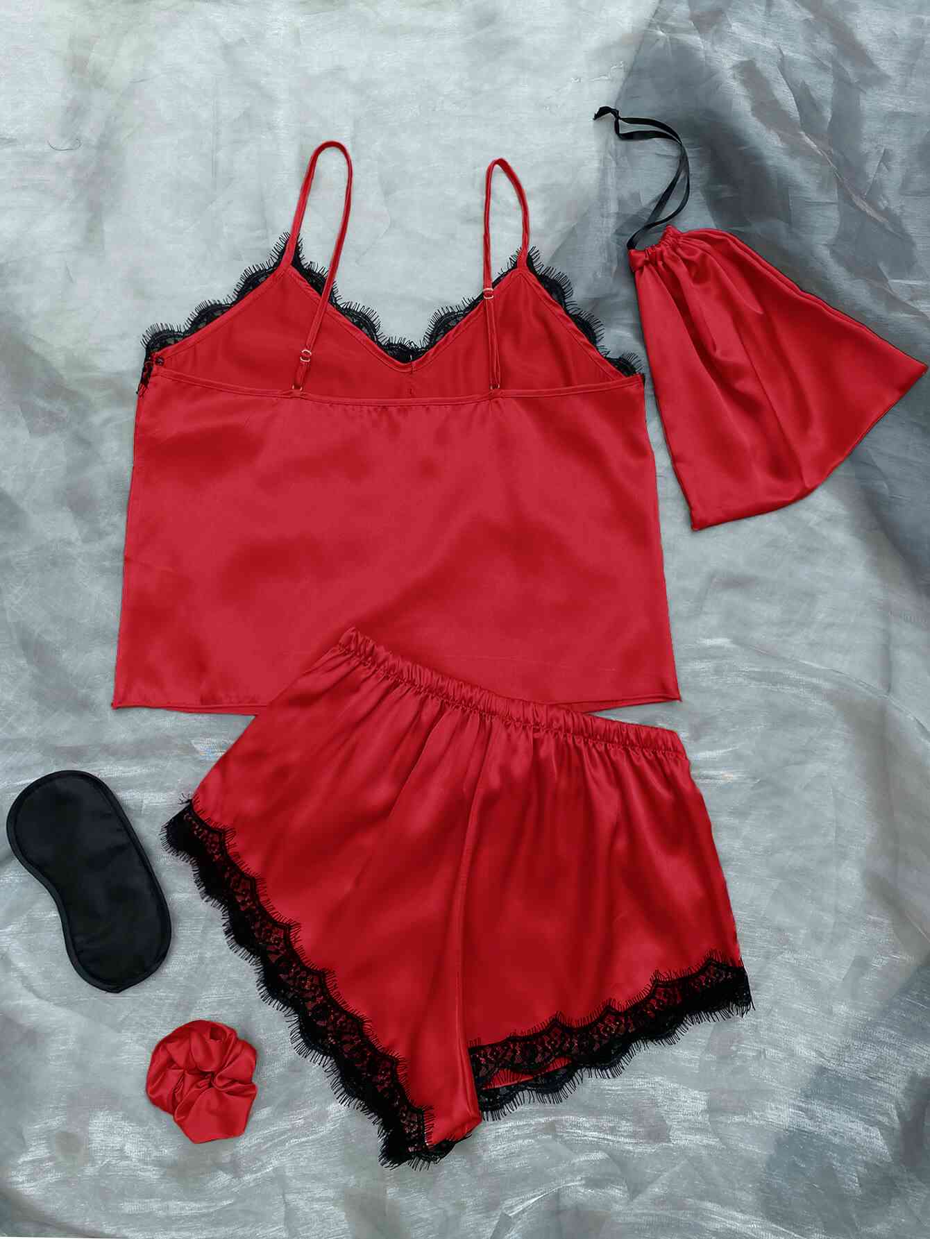 Lace Trim Cami, Shorts, Eye Mask, Scrunchie, and Bag Pajama Set - myETYN