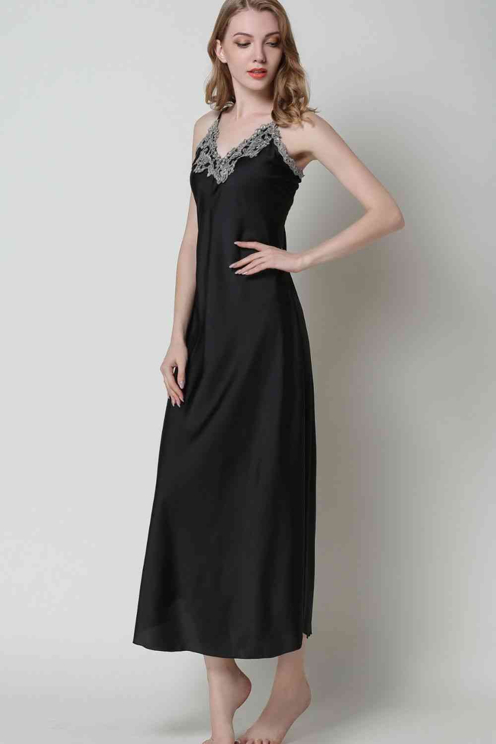 Full Size Lace Trim V-Neck Spaghetti Strap Satin Night Dress - myETYN