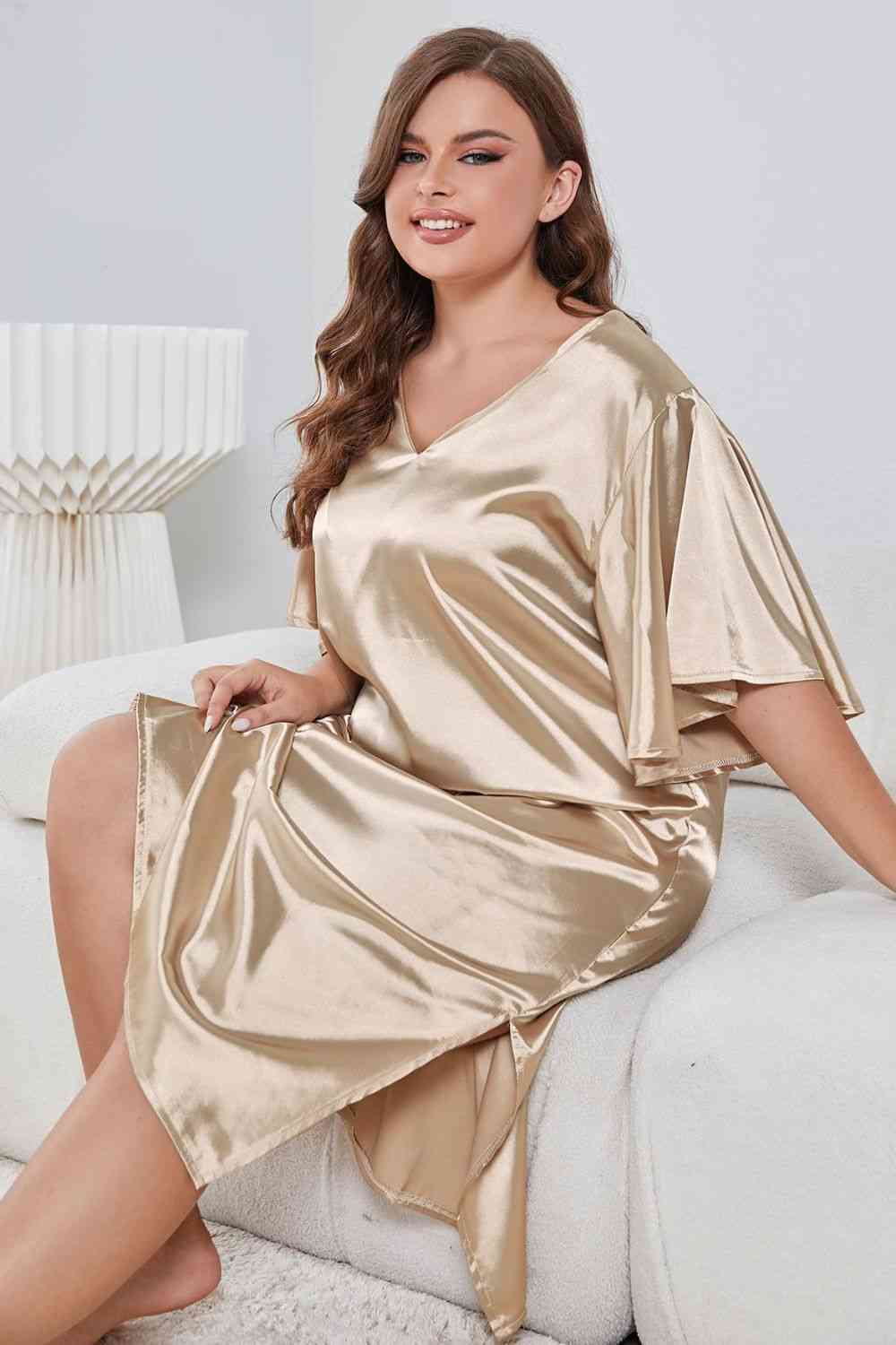 Plus Size Flutter Sleeve V-Neck Side Slit Night Gown - myETYN