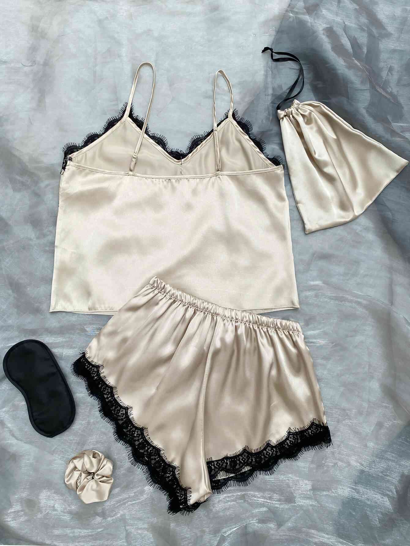 Lace Trim Cami, Shorts, Eye Mask, Scrunchie, and Bag Pajama Set - myETYN