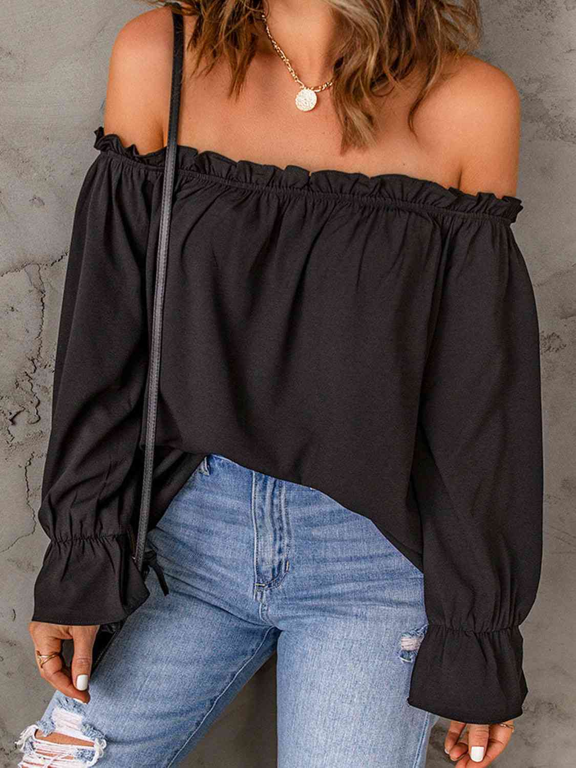 Off-Shoulder Flounce Sleeve Blouse - myETYN