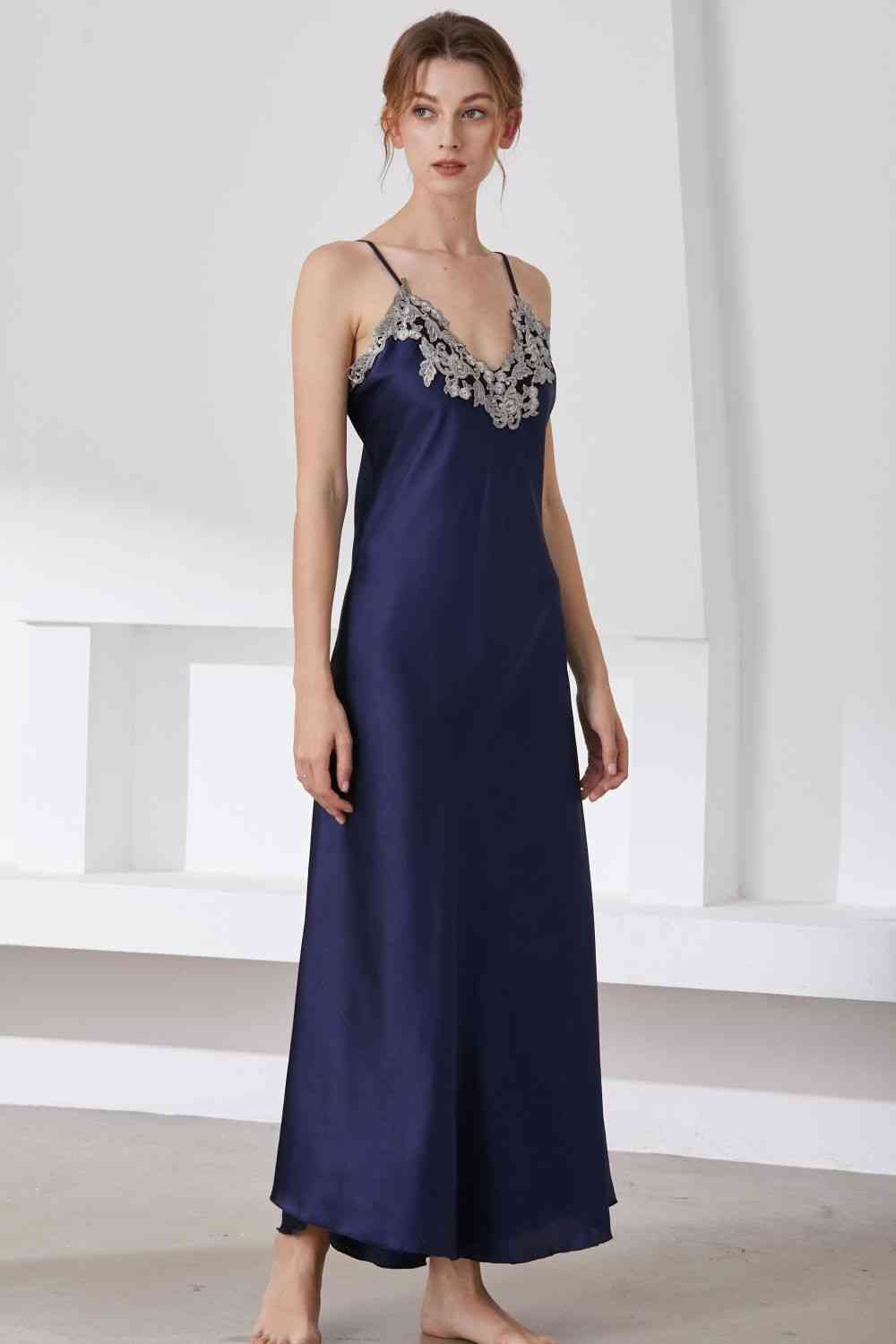 Full Size Lace Trim V-Neck Spaghetti Strap Satin Night Dress - myETYN