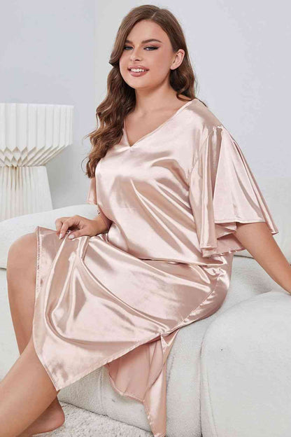 Plus Size Flutter Sleeve V-Neck Side Slit Night Gown - myETYN