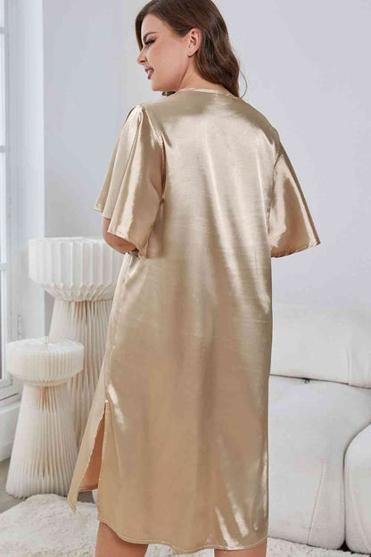 Plus Size Flutter Sleeve V-Neck Side Slit Night Gown - myETYN