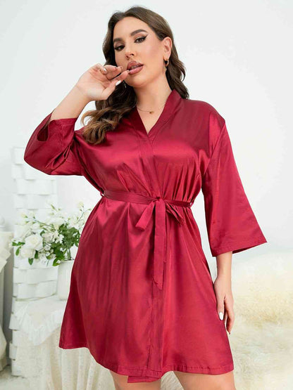 Plus Size Surplice Neck Tie Waist Robe - myETYN