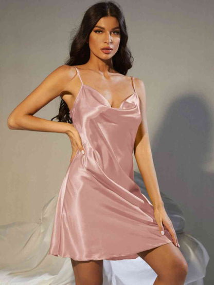 Spaghetti Strap Cowl Neck Satin Night Dress - myETYN