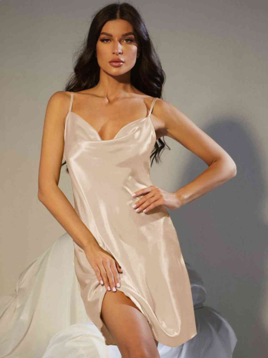 Spaghetti Strap Cowl Neck Satin Night Dress - myETYN