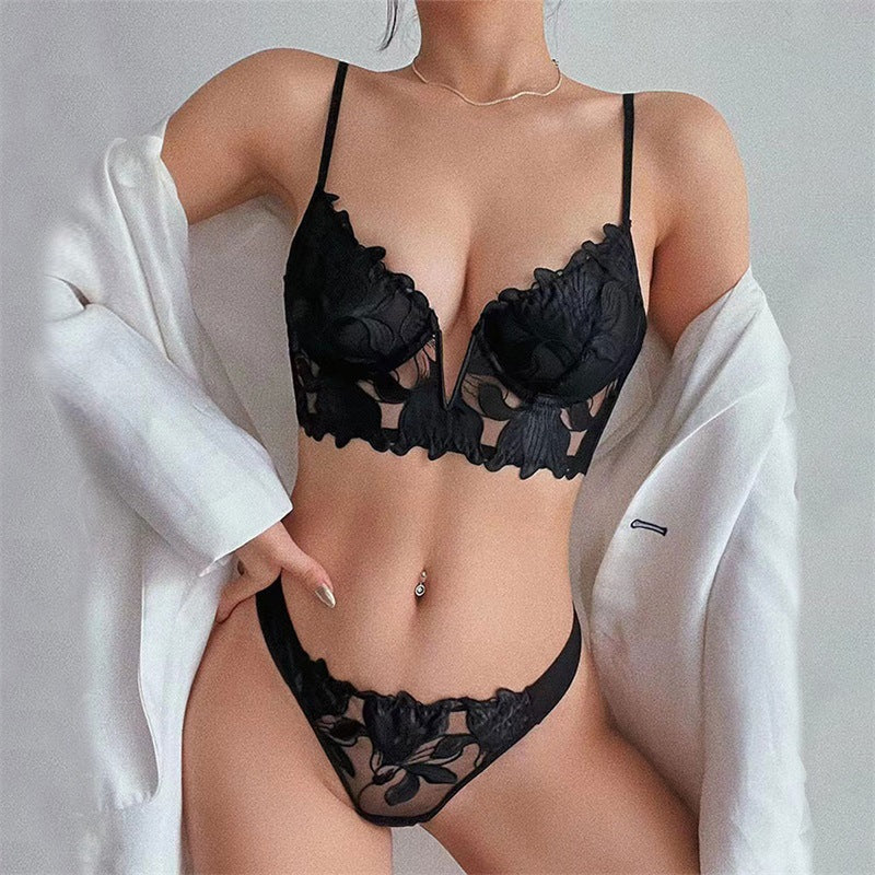 French Sexy Lace Untra Thin Underwear Set Breasts Contracting Steel Ring Push up Breast Holding Top Support V Shaped Bra - myETYN