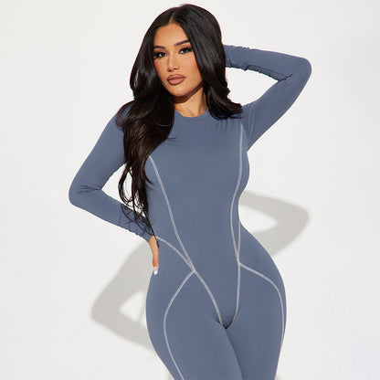 Women Clothing Autumn Winter Solid Color Round Neck Long Sleeve Reverse Car Side Line Slim One Piece Trousers