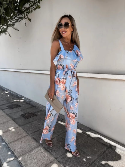 Summer Loose Lace-up Printed Jumpsuit