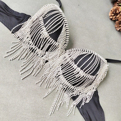 Rhinestone Tassel Bead Small Bra Super Short Sexy Top Top Thin Bottom Thick Shaping Bra Outer Wear Nightclub Wrapped Chest - myETYN