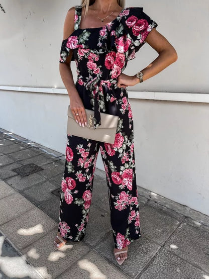 Summer Loose Lace-up Printed Jumpsuit