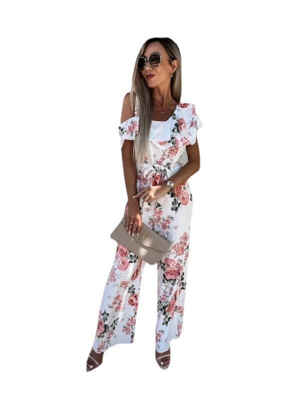 Summer Loose Lace-up Printed Jumpsuit