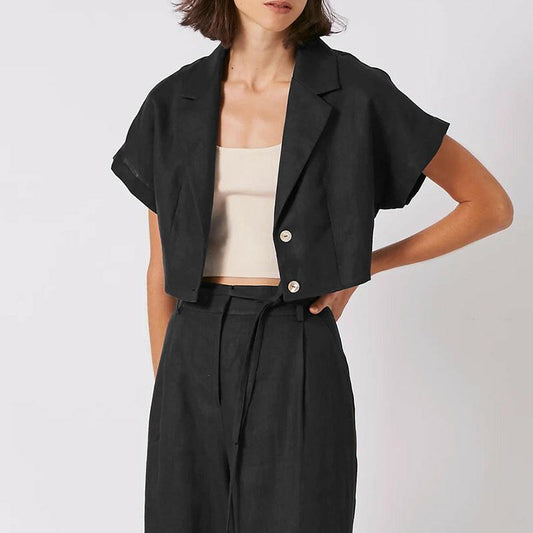 Summer French Cotton Linen Short Collared Shirt Urban Casual Design Pure Linen Short Sleeve Tup Cardigan - myETYN