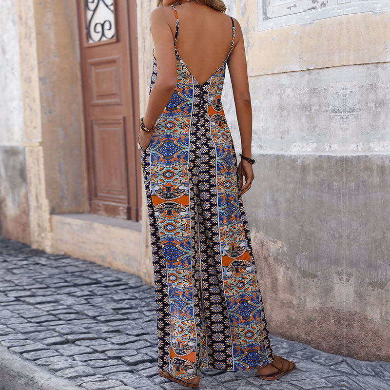 Summer Backless Print Women Strap Wide Leg Ethnic Jumpsuit