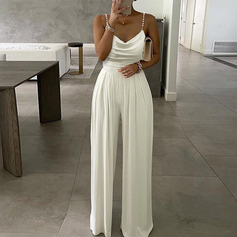 Pearl Suspender Wide Leg Sleeveless V-neck Backless Trousers Jumpsuit