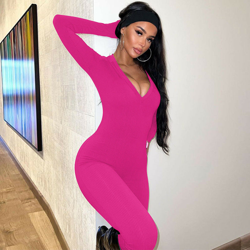 Women Clothing Spring Solid Color Slim Sports Long Sleeve Jumpsuit