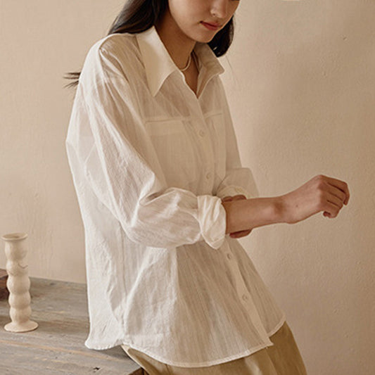Lightweight White Shirt Summer Women Cotton Texture Collared Sun Protection Niche Cardigan Coat Shirt Top - myETYN