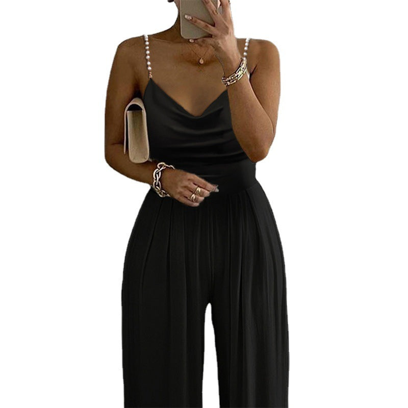 Pearl Suspender Wide Leg Sleeveless V-neck Backless Trousers Jumpsuit