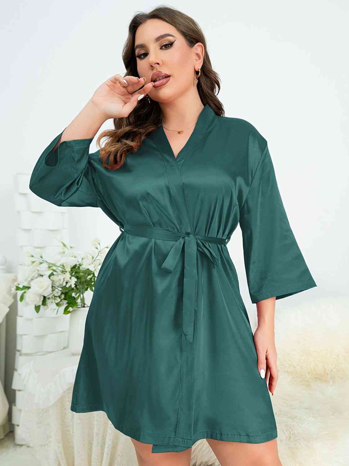 Plus Size Surplice Neck Tie Waist Robe - myETYN