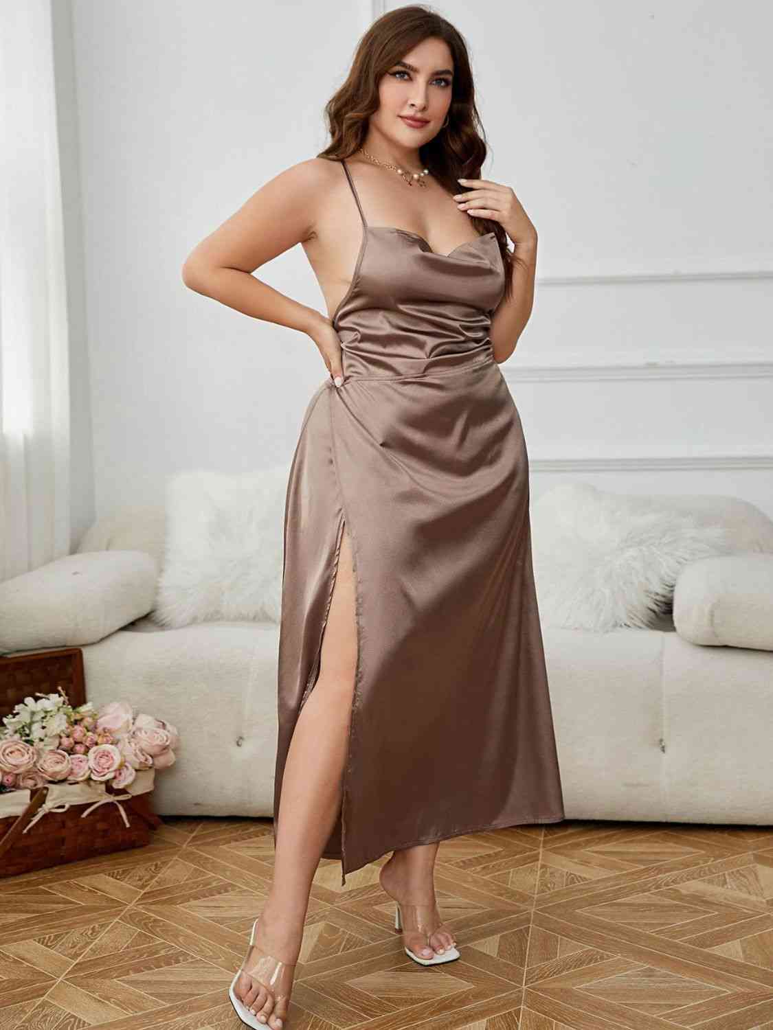 Plus Size Lace-Up Spaghetti Strap Split Night Dress - myETYN