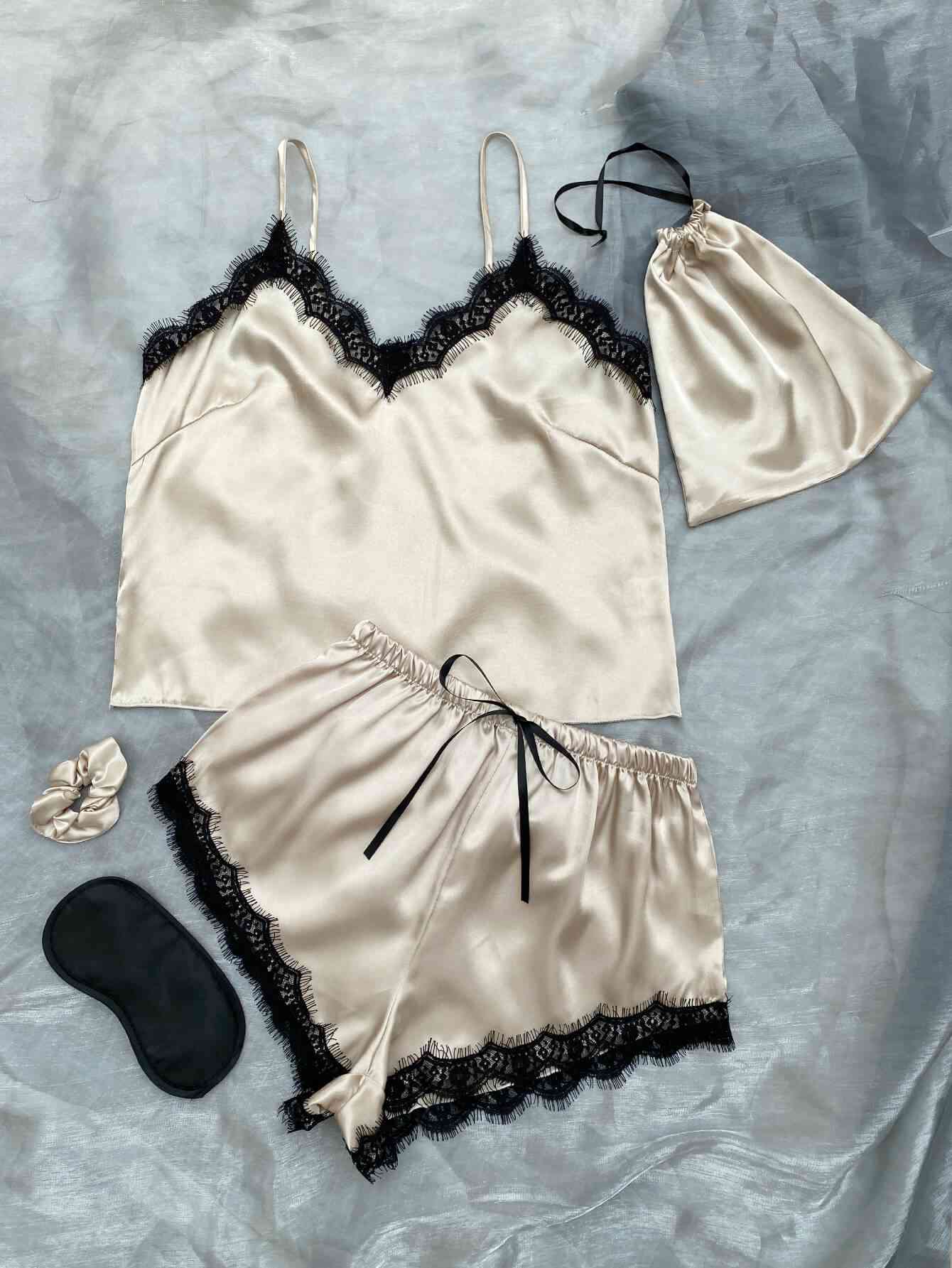 Lace Trim Cami, Shorts, Eye Mask, Scrunchie, and Bag Pajama Set - myETYN