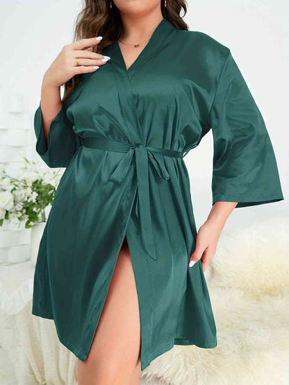 Plus Size Surplice Neck Tie Waist Robe - myETYN