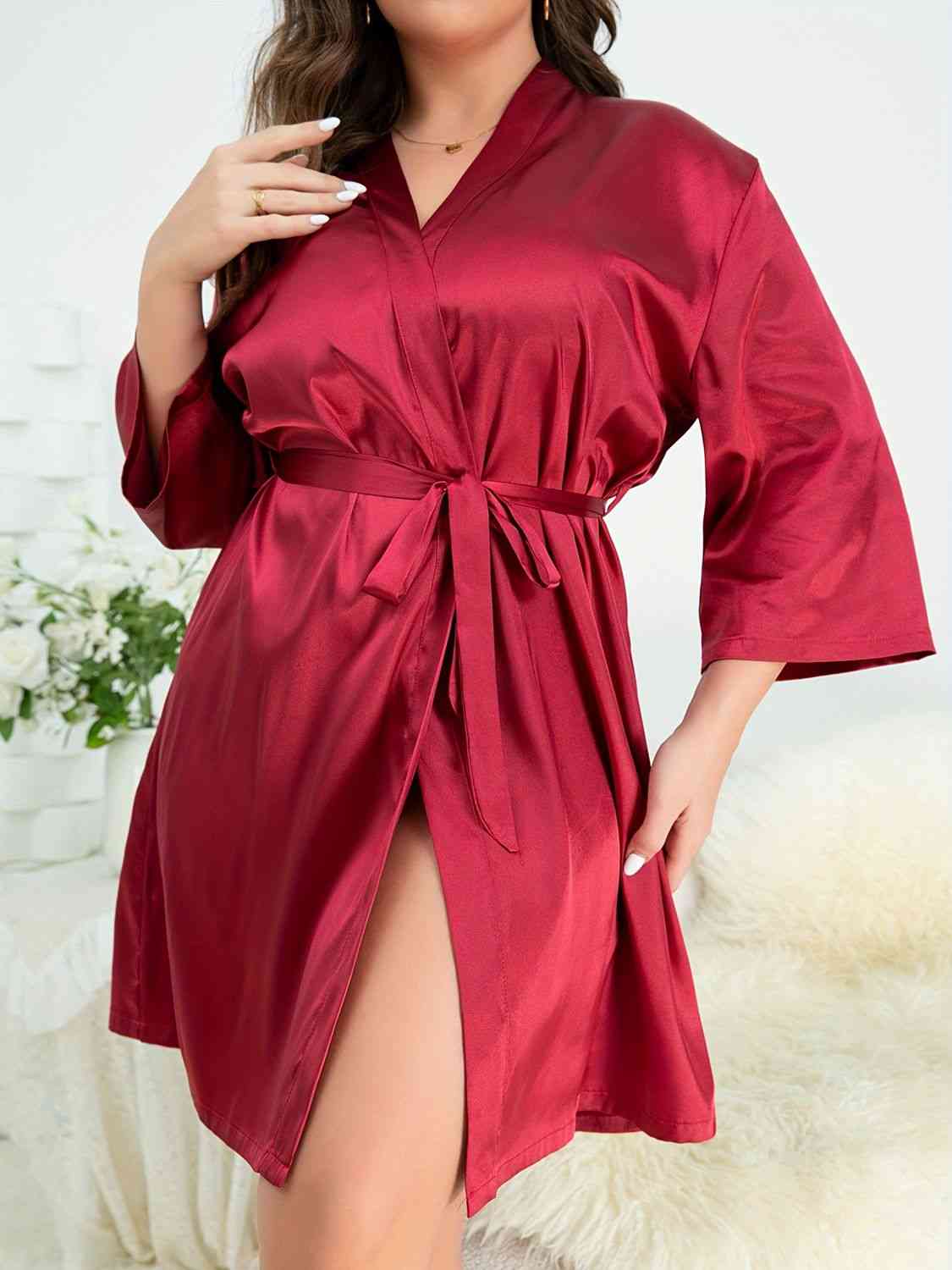 Plus Size Surplice Neck Tie Waist Robe - myETYN