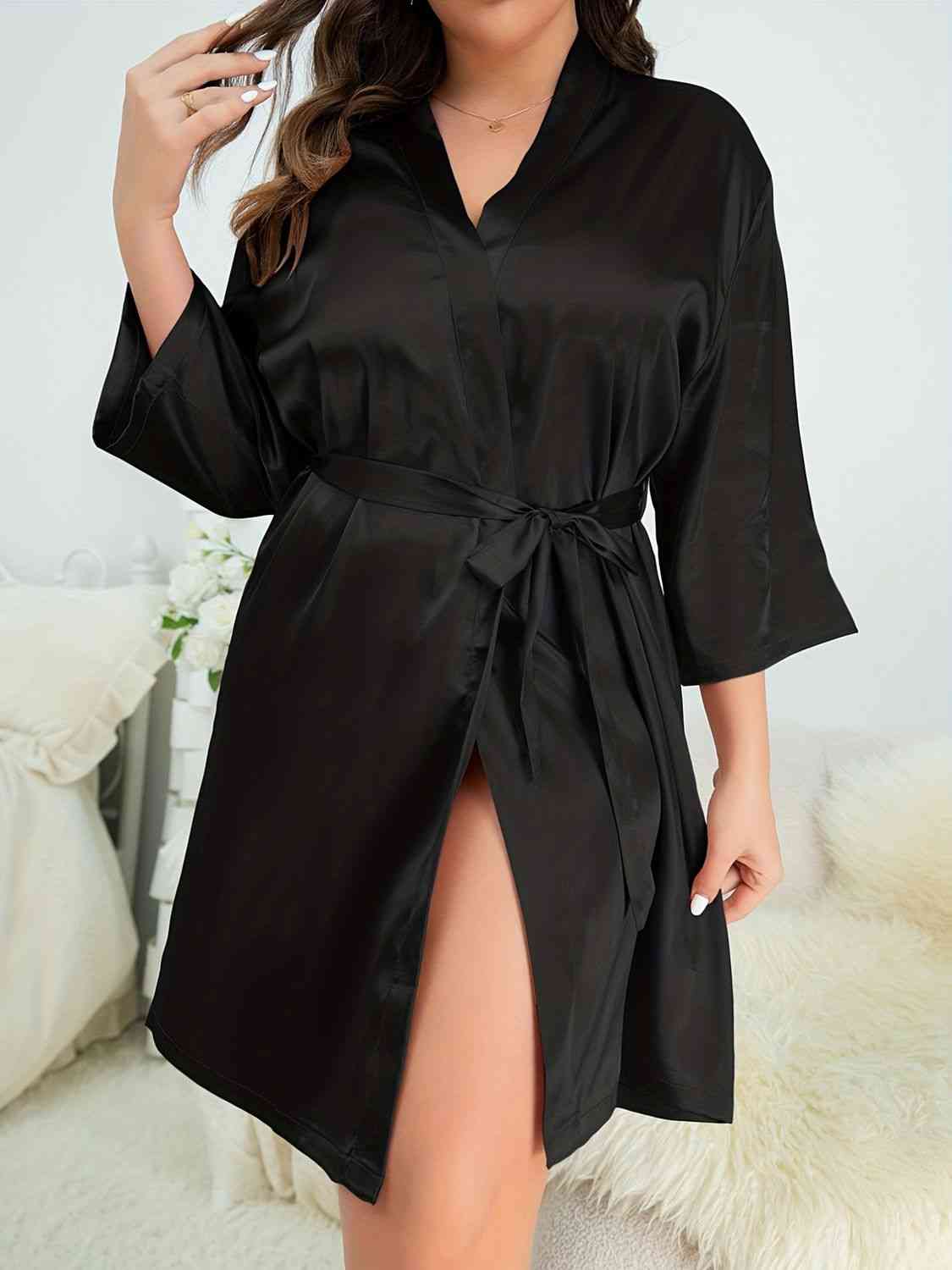 Plus Size Surplice Neck Tie Waist Robe - myETYN