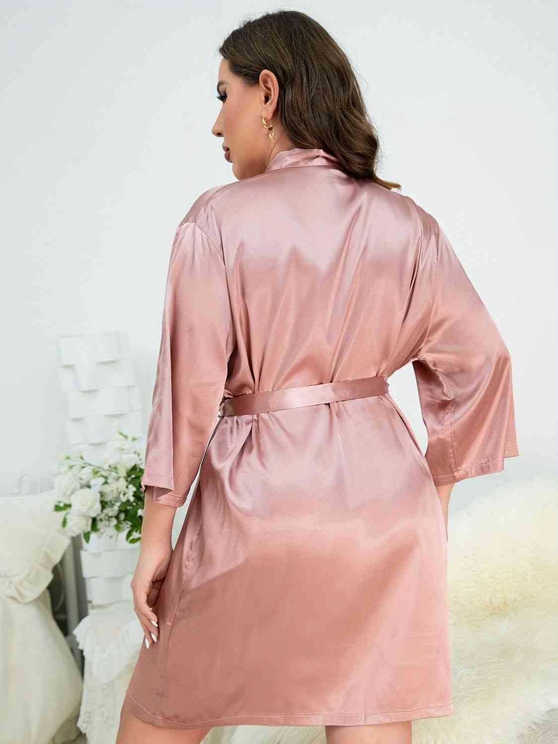 Plus Size Surplice Neck Tie Waist Robe - myETYN