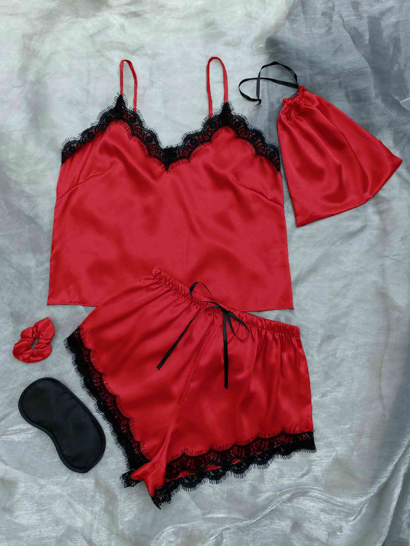 Lace Trim Cami, Shorts, Eye Mask, Scrunchie, and Bag Pajama Set - myETYN