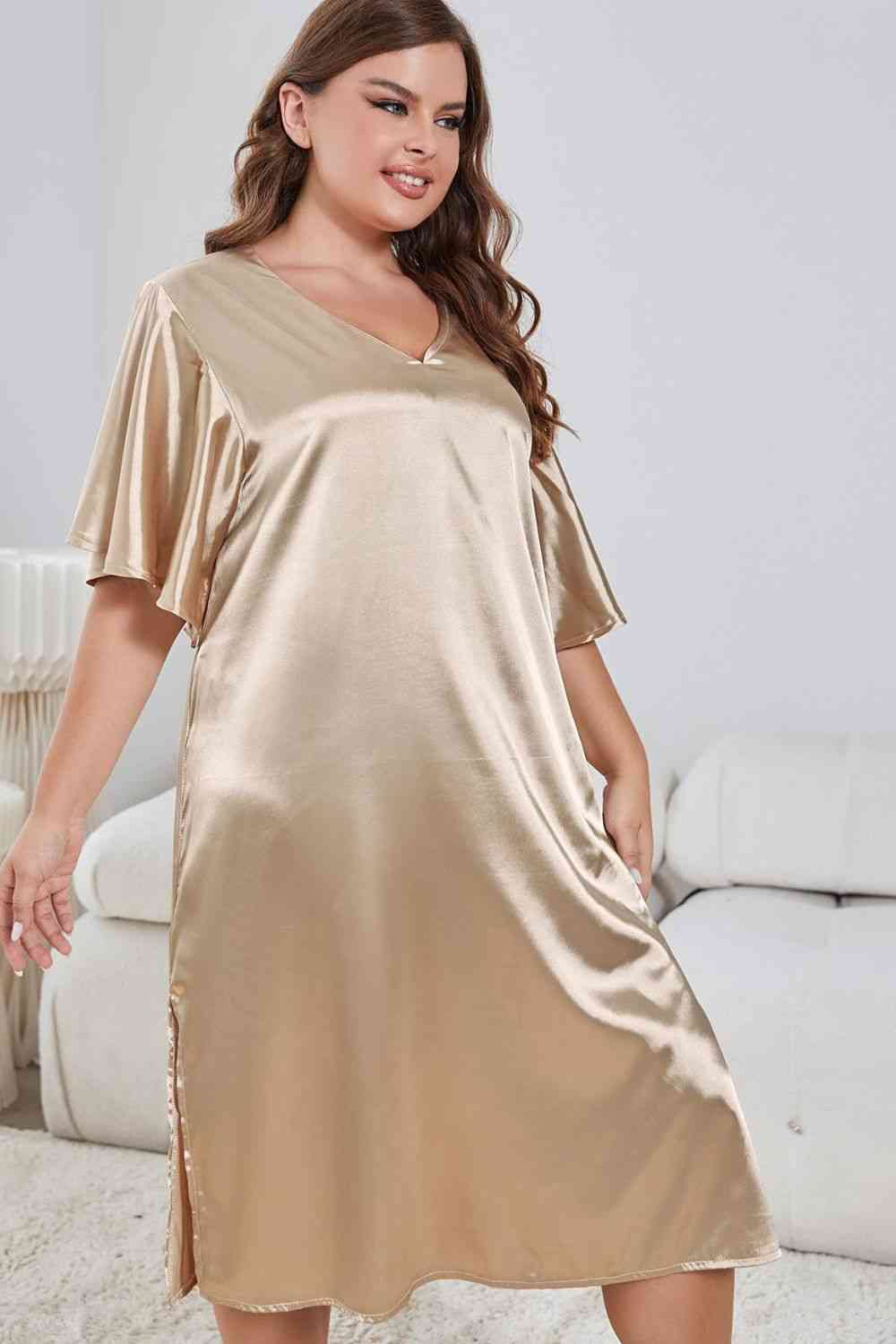 Plus Size Flutter Sleeve V-Neck Side Slit Night Gown - myETYN