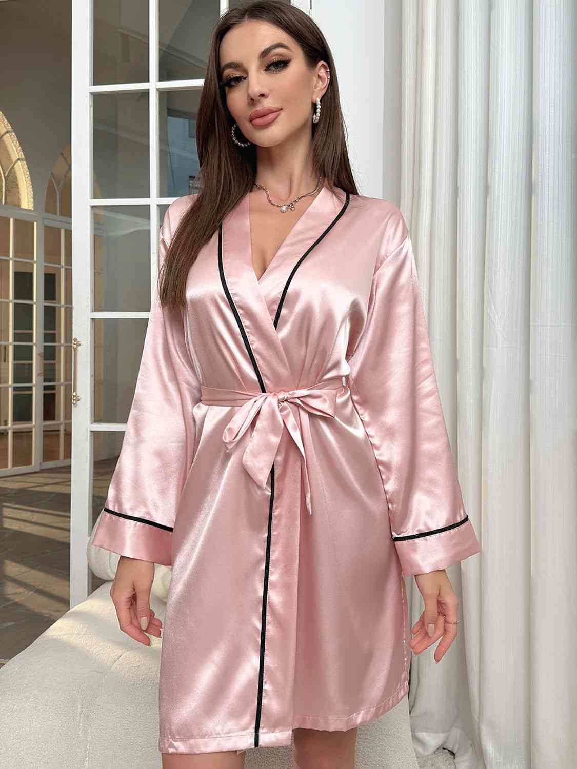 Tie Waist Surplice Neck Robe - myETYN