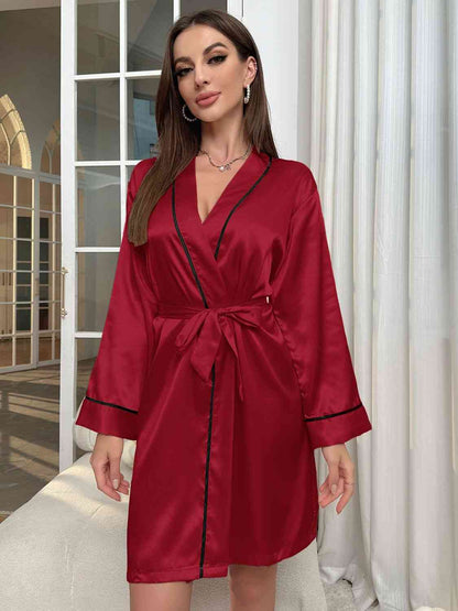 Tie Waist Surplice Neck Robe - myETYN