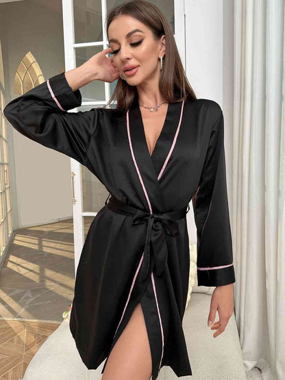 Tie Waist Surplice Neck Robe - myETYN