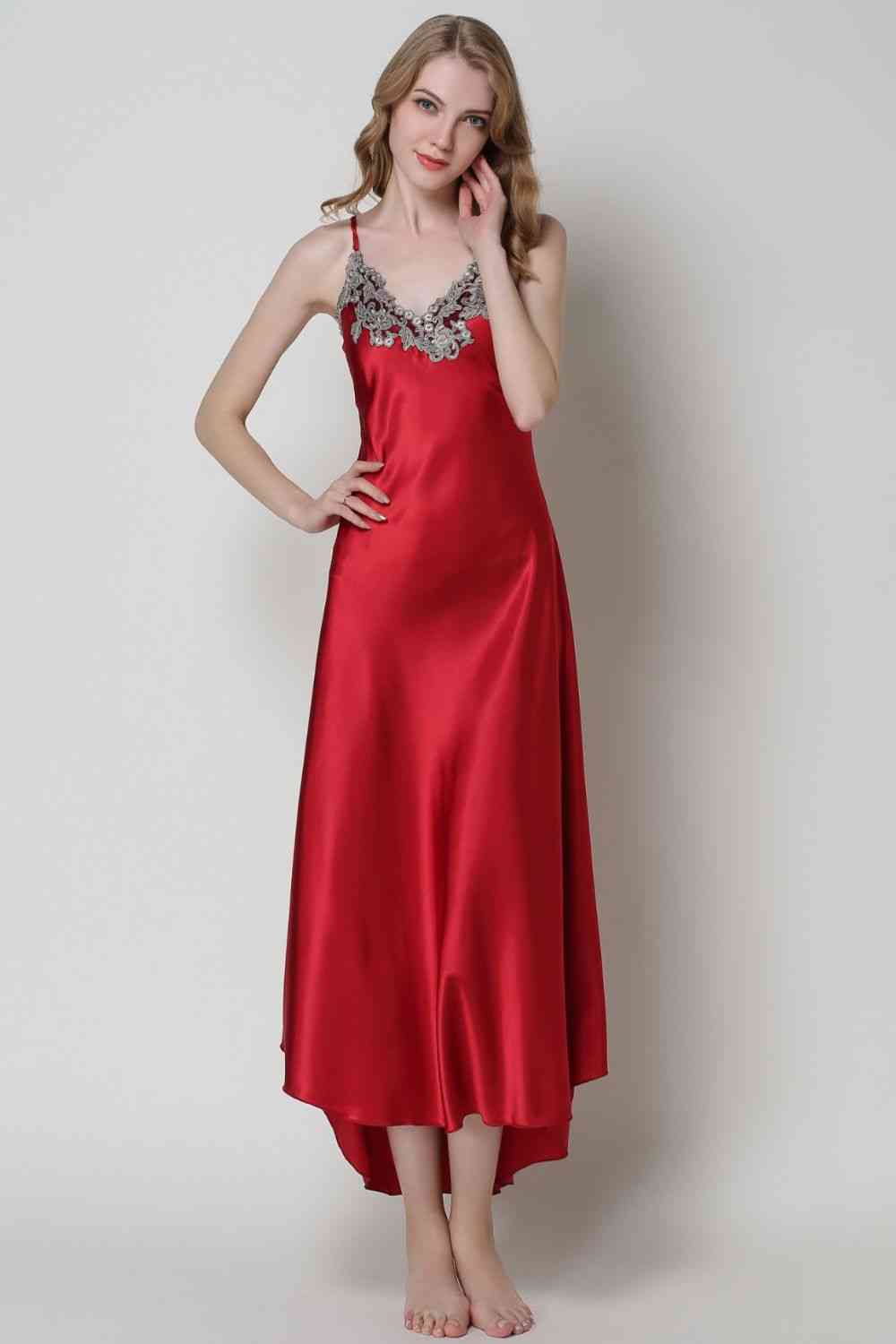 Full Size Lace Trim V-Neck Spaghetti Strap Satin Night Dress - myETYN