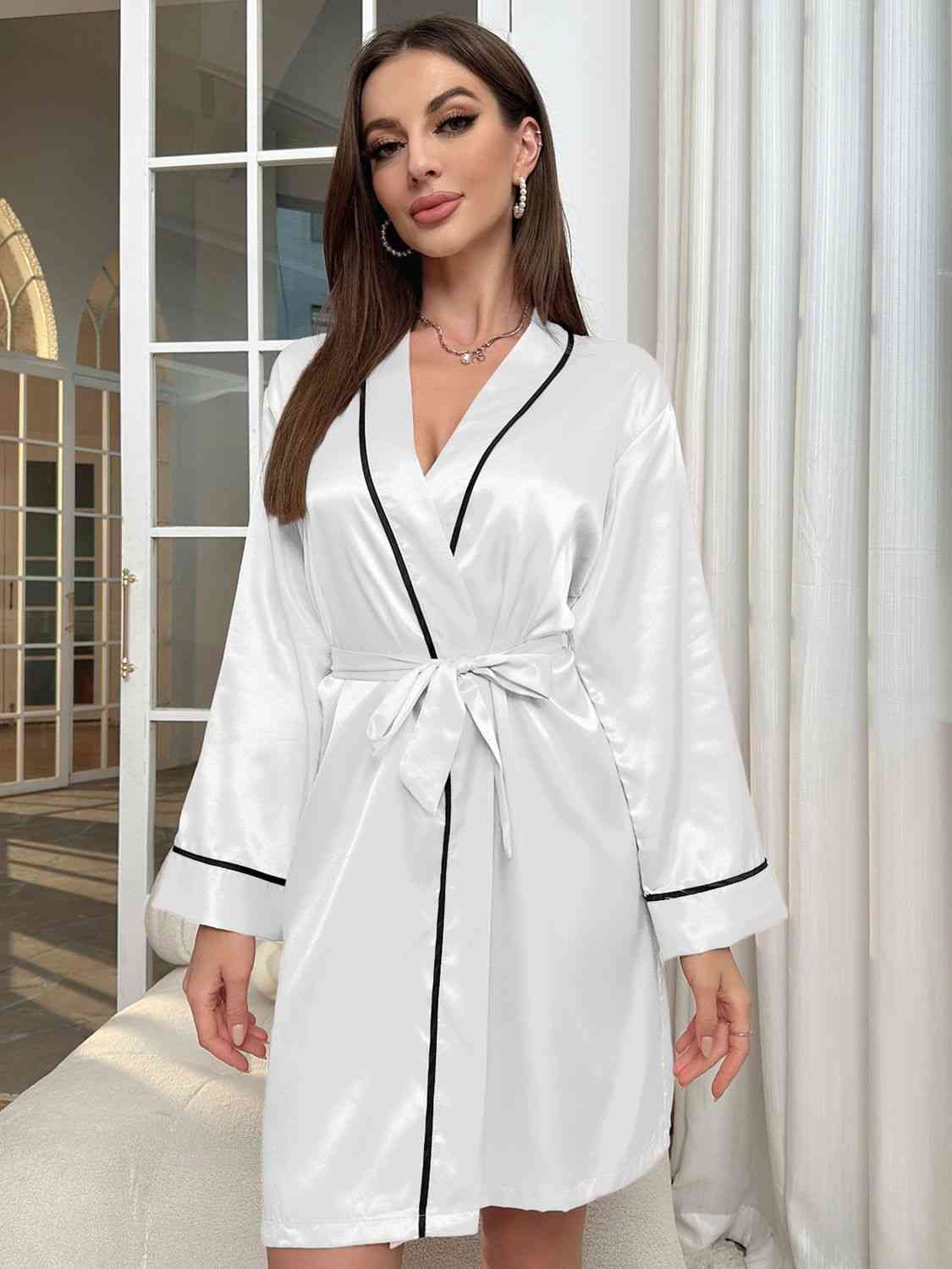 Tie Waist Surplice Neck Robe - myETYN